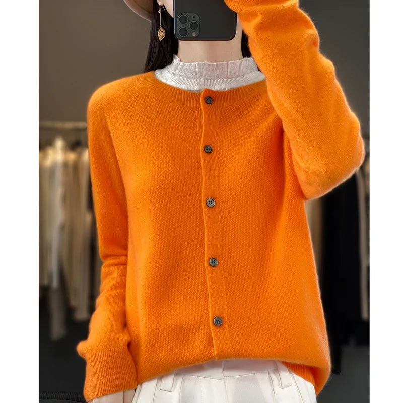 Cardigã Feminino de Lã Merino 100% Cashmere, Suéter para Outono Inverno, Gola Redonda, Manga Longa, Malha Feminina, Roupas Básicas, Blusas - Shumei XXL