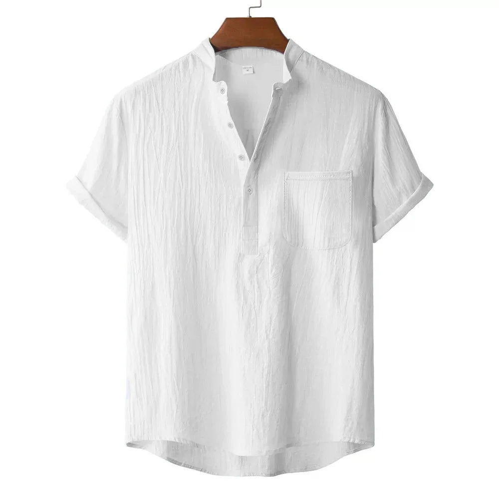 Camiseta Masculina de Verão em Algodão e Linho Estilo Praia Manga Curta Gola Henley Férias Havaí Casual Leve Respirável Confortável