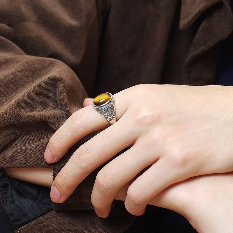 Vintage 925 Sterling Silver Ring Natural Tiger's Eye Stone 10*14MM Retro Style Large Stone Finger Rings Fine Jewelry for Men