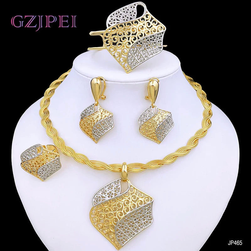 Elegant Italian Dubai Jewelry Sets Luxury Design Full Set Party Jewelry Two Tone Necklace Earrings Bracelet And Ring 2025 New