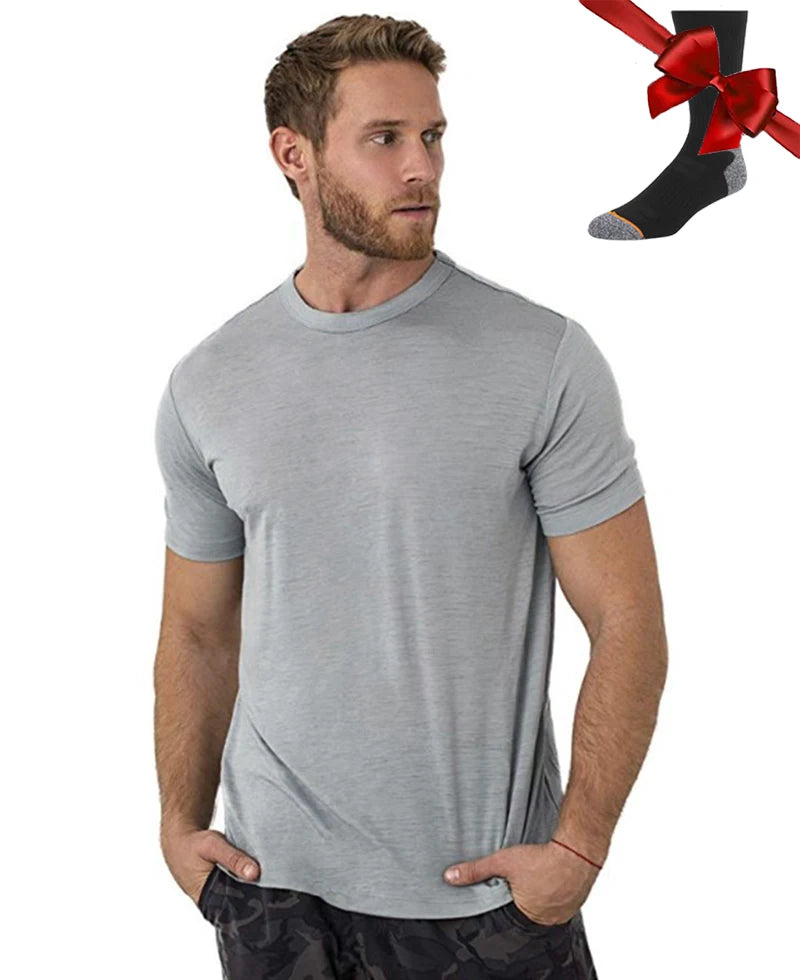 Camiseta Masculina 100% Lã Merino Super Fina Camada Base de Lã Merino que Absorve a Umidade Respirável de Secagem Rápida Antiodor + Meias de Lã Merino