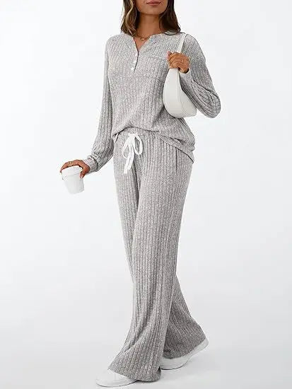 Women's Ribbed Knit Loungewear Set: Henley V-Neck Top Drawstring Wide Leg Pants