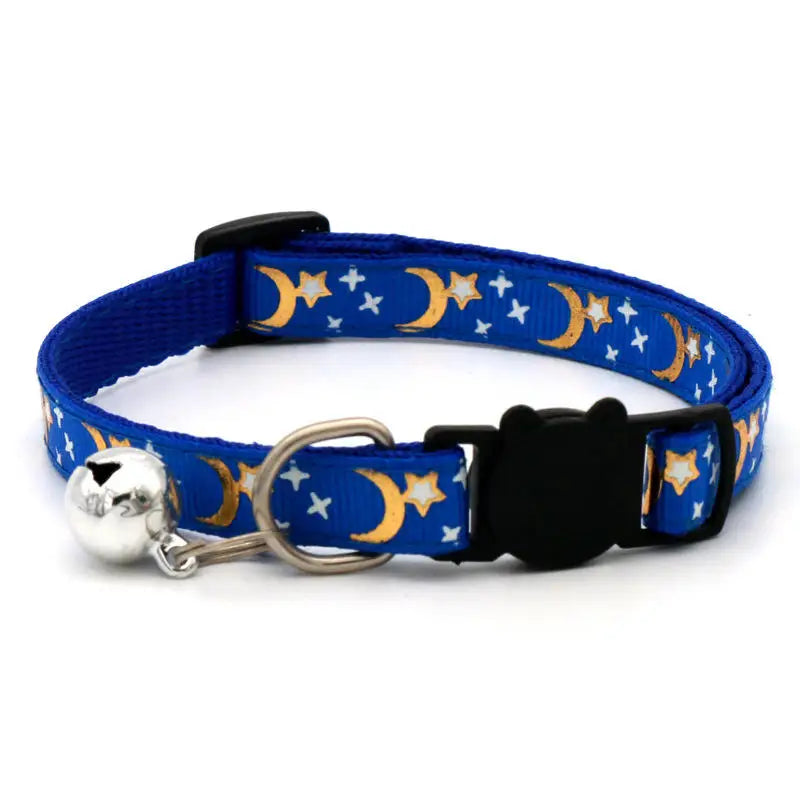 Coleira de Gato Estrelas Douradas e Lua com Fivela de Segurança Refletiva e Sino Ajustável para Gatos e Cães Pequenos