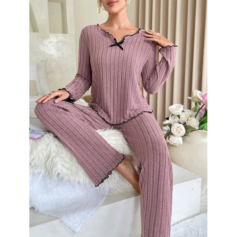2026 New Women Ribbed Loungewear Set Black Edge Trim Casual Home Wear Soft Comfortable Two Piece Outfit European American Style