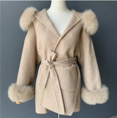 Jxwatcher Casaco de Lã e Misturas de Moda, Comprimento Médio, Jaqueta de Cashmere com Capuz, Gola e Punhos de Pele de Raposa 100% Real, Casaco de Inverno para Mulheres