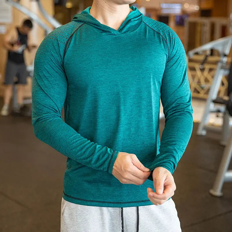 Camiseta Masculina de Outono para Academia Manga Longa Casual Slim Fit Elástica Esportiva Fitness Respirável Secagem Rápida com Capuz