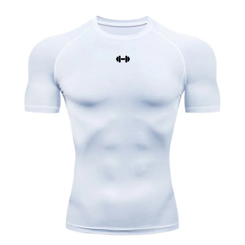 Camiseta de compressão masculina de verão, roupa esportiva, camiseta de corrida elástica de secagem rápida, top esportivo, camiseta para exercícios de academia com halteres