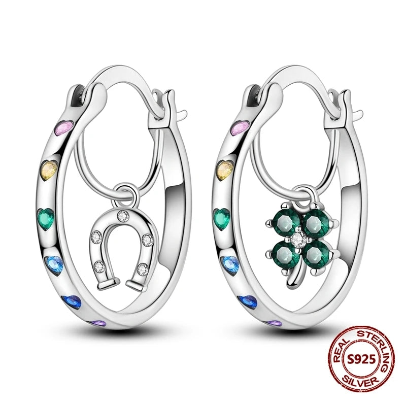 Lucky Clover Earrings 925 Silver Original Zircon Butterfly Dragonfly Chameleons Bee Flower Earrings For Women Jewelry Gift