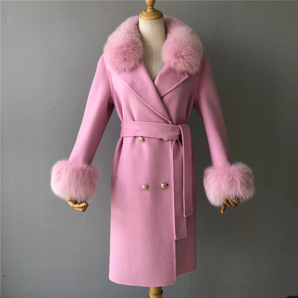 Jxwatcher Cashmere Lã Casaco Primavera Real Fox Colarinho Casaco de Lã de Trincheira Mulheres Inverno Casaco Quente Venda Longo Estilo Casacos de Lã