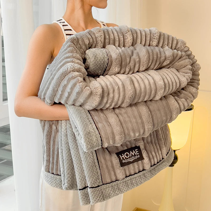 Imitation Rabbit Plush Striped Spring Autumn Warm Blankets Soft Fluffy Warmth Sofa Blankets for Throw Napping Shawl Blanket Leg