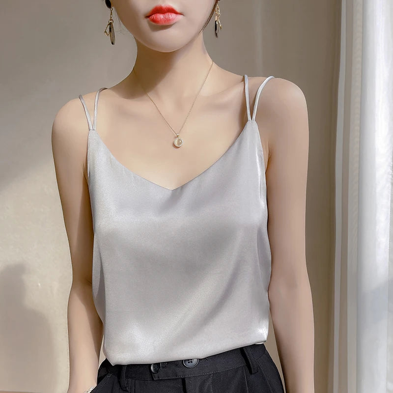 2026 Alça Fina Regata Feminina Frente Única Gola V Básico Branco Camisa Sem Mangas Cetim Seda Blusas Femininas Verão Camisola Cropped Top - preto P