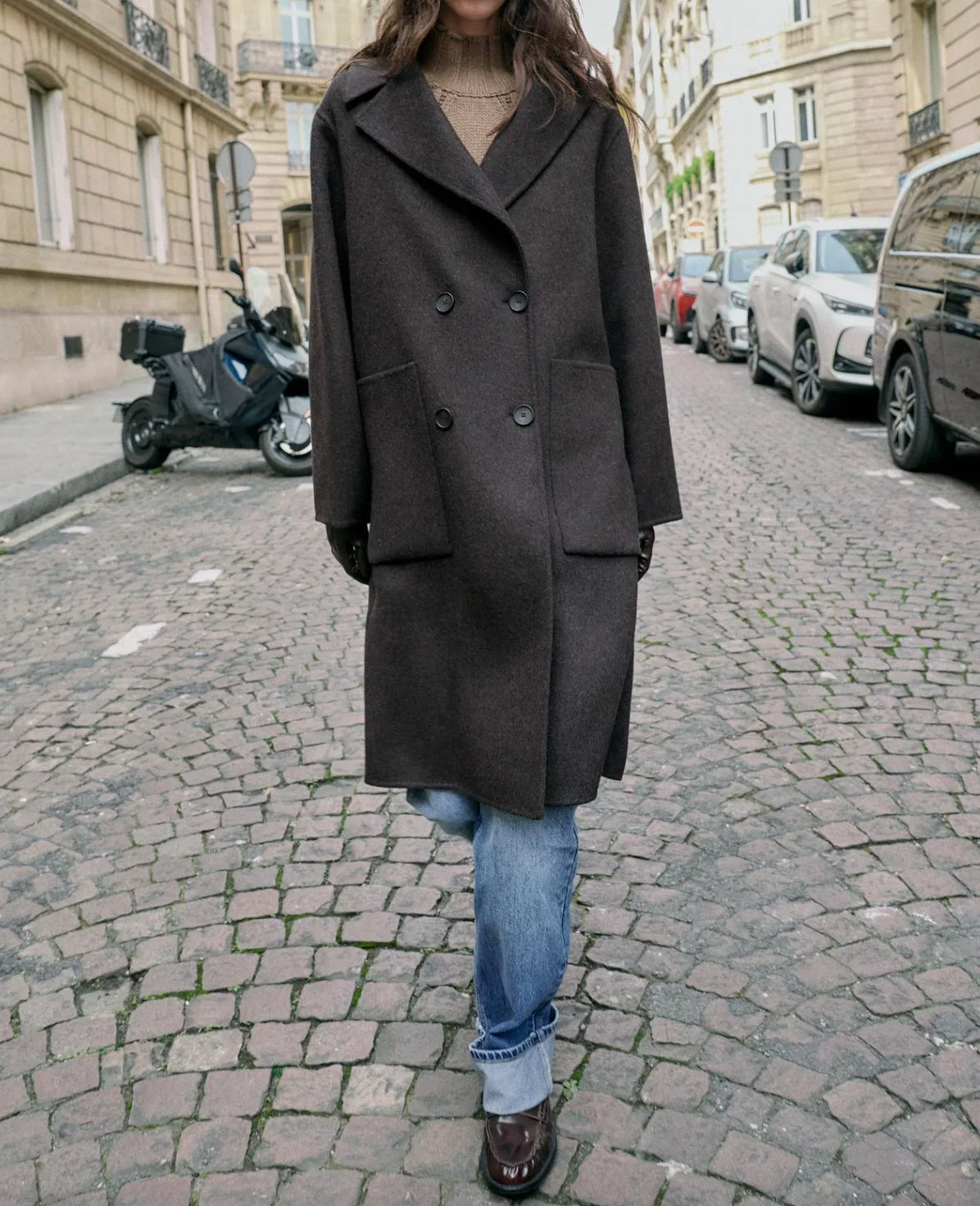 Fashionable Double-Breasted Long Woolen Coat Deep Coffee Color Double-Faced Large Collar Women's Premium Quality Outerwear