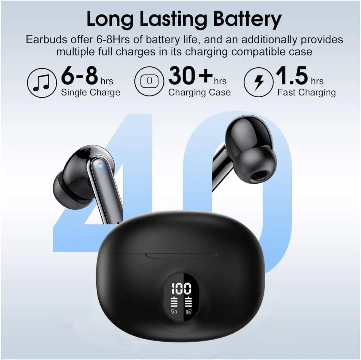 Fone de ouvido sem fio UYUXIO BT5.4, 48H de duração, display LED, com HiFi estéreo, IP7 à prova d'água, fones de ouvido com cancelamento de ruído
