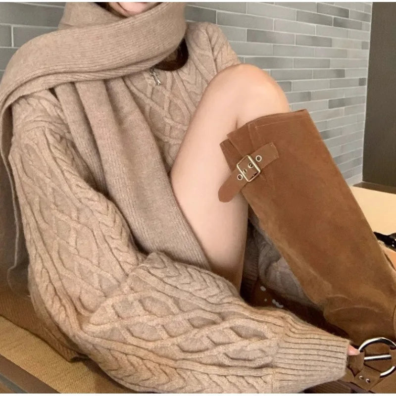 Conjunto Feminino Casual Terno Outono Inverno Solto Torção Manga Longa Suéter Malha Shorts Cintura Alta Duas Peças e Lenço