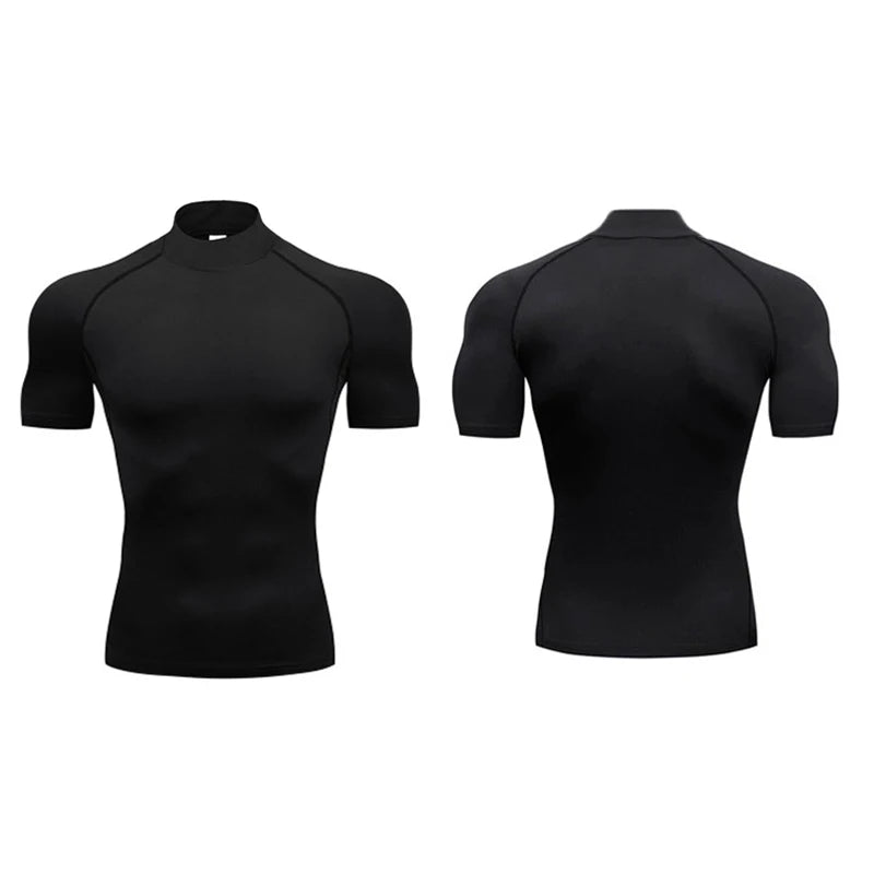Camisetas Masculinas de Compressão Simples para Corrida de Verão Gola Alta Elásticas de Secagem Rápida Esportivas Atlético de Ginástica Camisa de Manga Curta