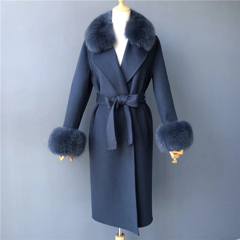 Jxwatcher Cashmere Lã Casaco Primavera Real Fox Colarinho Casaco de Lã de Trincheira Mulheres Inverno Casaco Quente Venda Longo Estilo Casacos de Lã