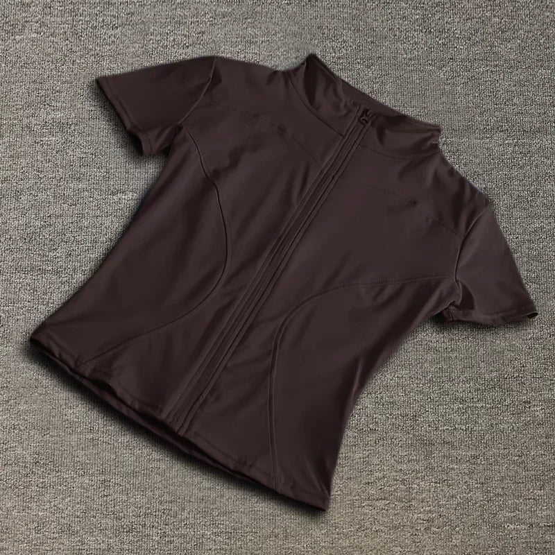 Verão de Alta Qualidade Modelador de Cintura Tops de Treino Feminino de Secagem Rápida Justo Gola Alta Zíper Completo Manga Curta Camisas de Yoga