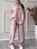 Conjunto de Linho e Algodão 2 Peças Blusa de Manga Comprida Solta com Botão e Calça Pantalona Larga de Cintura Alta Elástica NMD-3021
