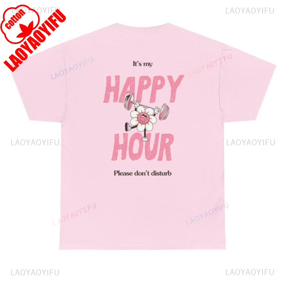 Camiseta Feminina "My Happy Hour Gym Edition" para Mulheres, Camiseta de Ginástica, Pilates, Estilo de Vida Saudável, Ajuste Regular, Presente para Ela, Roupa de Ginástica