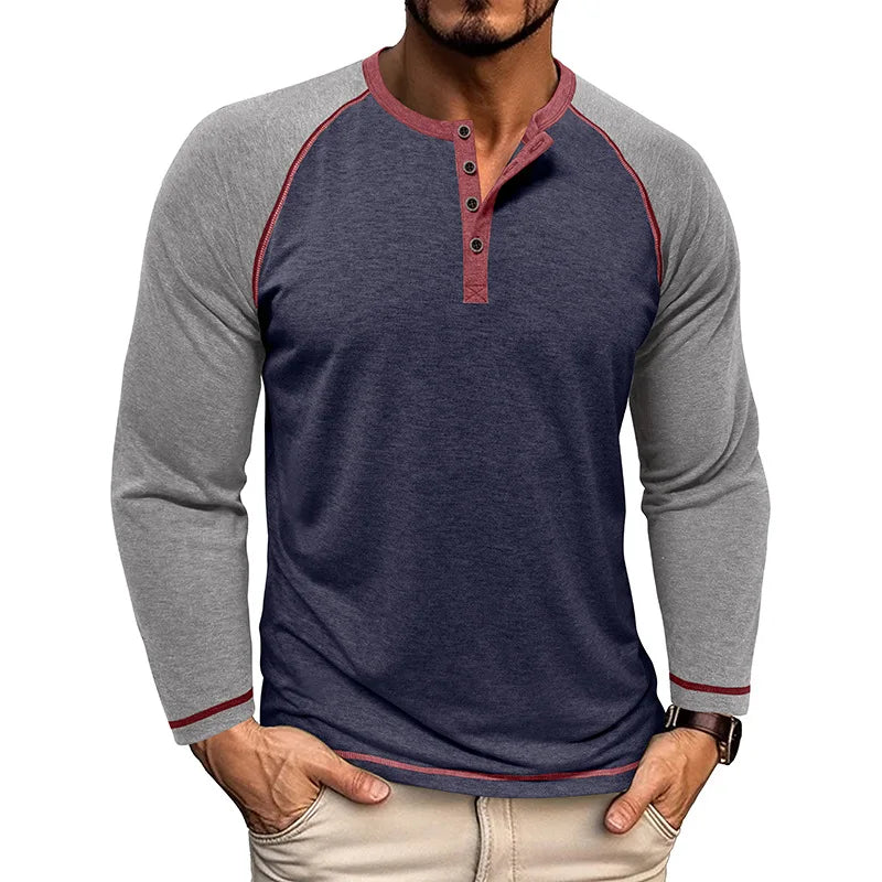 Nova Camiseta Masculina de Manga Raglan com Gola Henry de Manga Longa Outono e Inverno Estilo Europeu e Americano