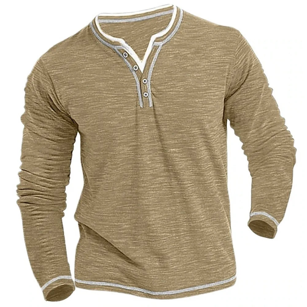 Camisetas Masculinas de Algodão Pequeno Gola V Nova Camiseta Masculina Casual Outono Inverno Confortável Macia Elástica Henley de Manga Comprida