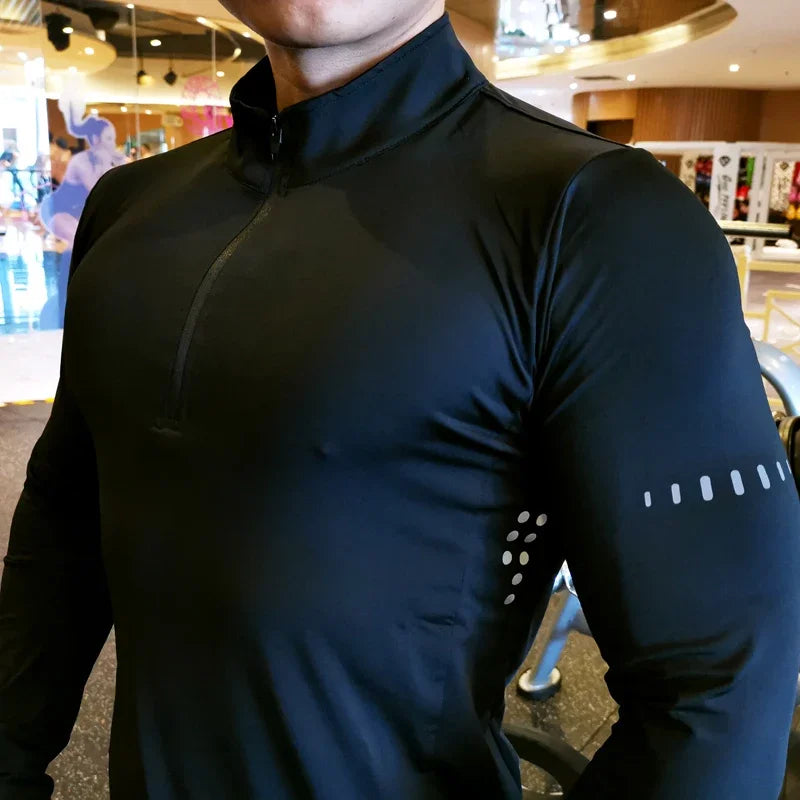 Camisa Masculina Manga Longa Compressão para Corrida Secagem Rápida Academia Fitness Ciclismo Zíper Rashguard