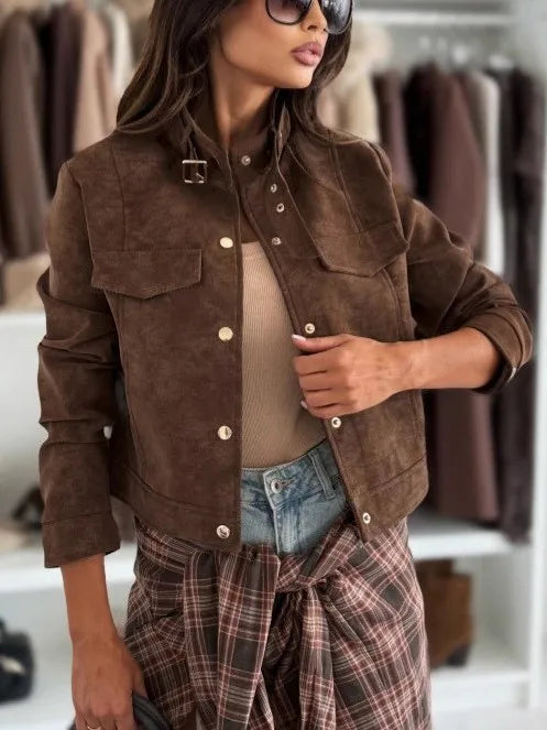 Blusão Feminino Outono Inverno Manga Longa Gola Alta Camurça Solto Casual Curto Jaqueta Top Moderno Tamanho Pequeno Moda 1 - P Marrom