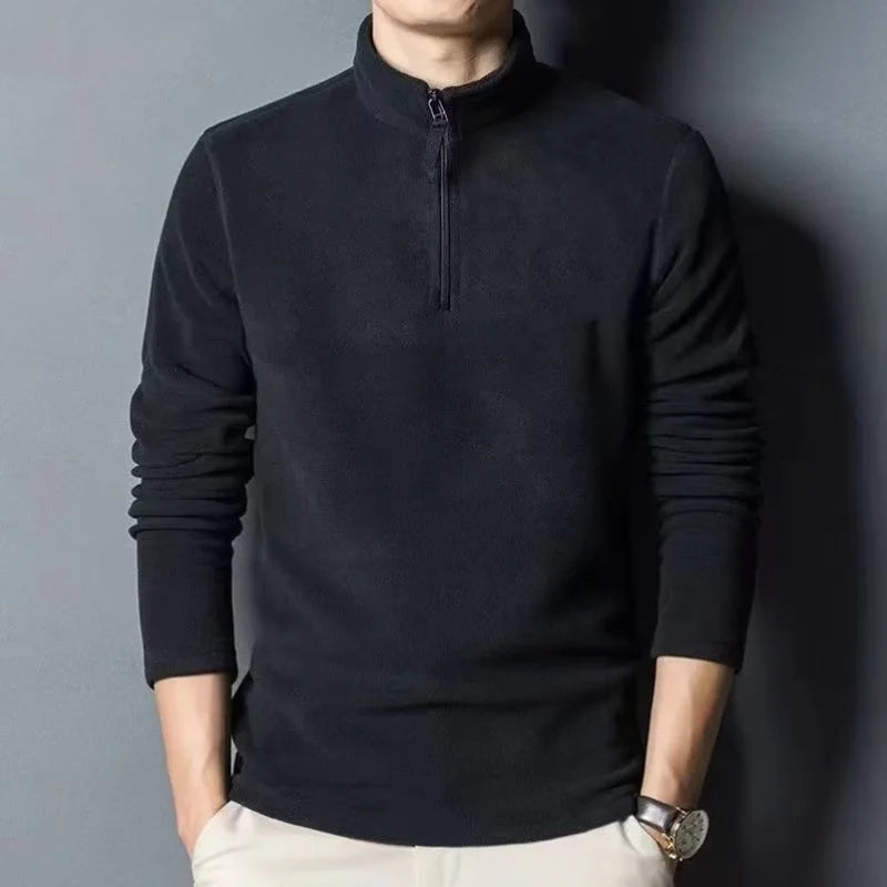 Outono Inverno Novas Camisas Polo Quentes Masculinas Lã de Cordeiro Moletom Gola Alta Meio Zíper Manga Longa Moda Versátil Camisetas Masculinas Tops