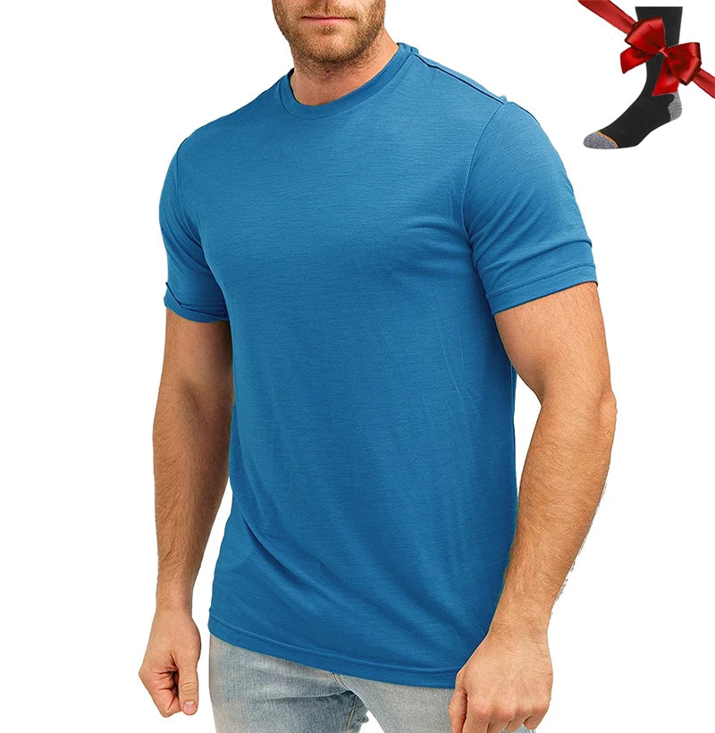 Camiseta Masculina 100% Lã Merino Super Fina Camada Base de Lã Merino que Absorve a Umidade Respirável de Secagem Rápida Antiodor + Meias de Lã Merino