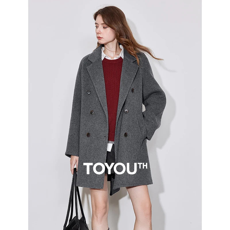 TOYOUTH Casaco Feminino de Lã 2024 Outono Inverno Novo Gola Xale Entalhada Abotoamento Duplo Lã Dupla Face Terno Casaco Jaqueta