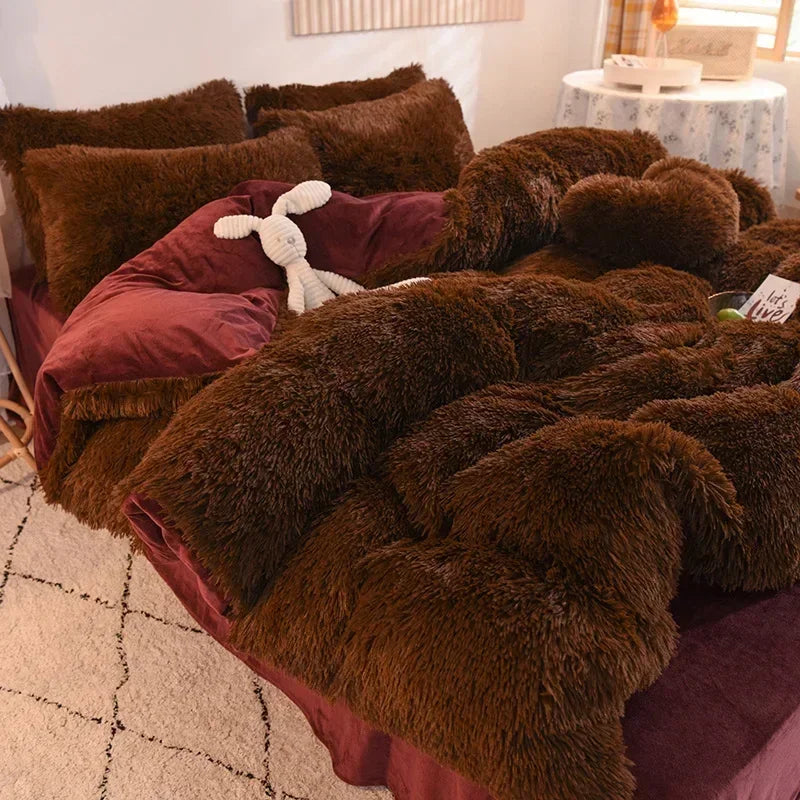 Luxury Autumn Winter Warm Pink Bedding Set Plush Kawaii Mink Velvet Queen Duvet Cover Set with Sheets Single Double Bedding Sets