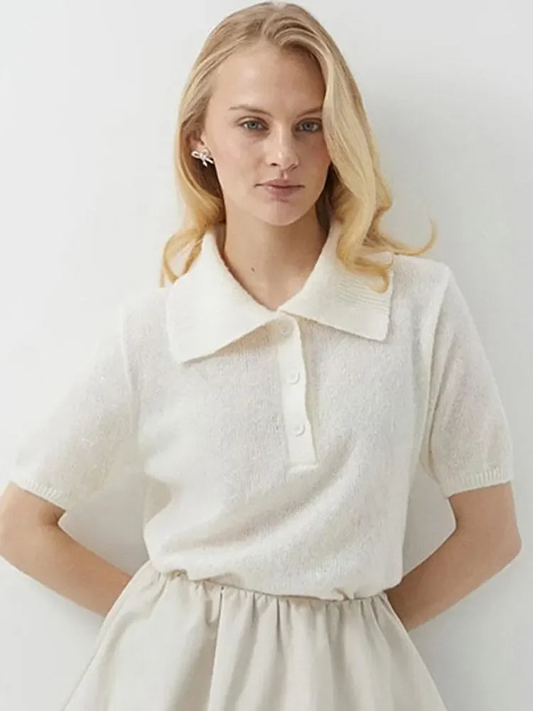 Suéter de malha feminino de manga curta casual com lapela patchwork transparente e vazado para o dia a dia
