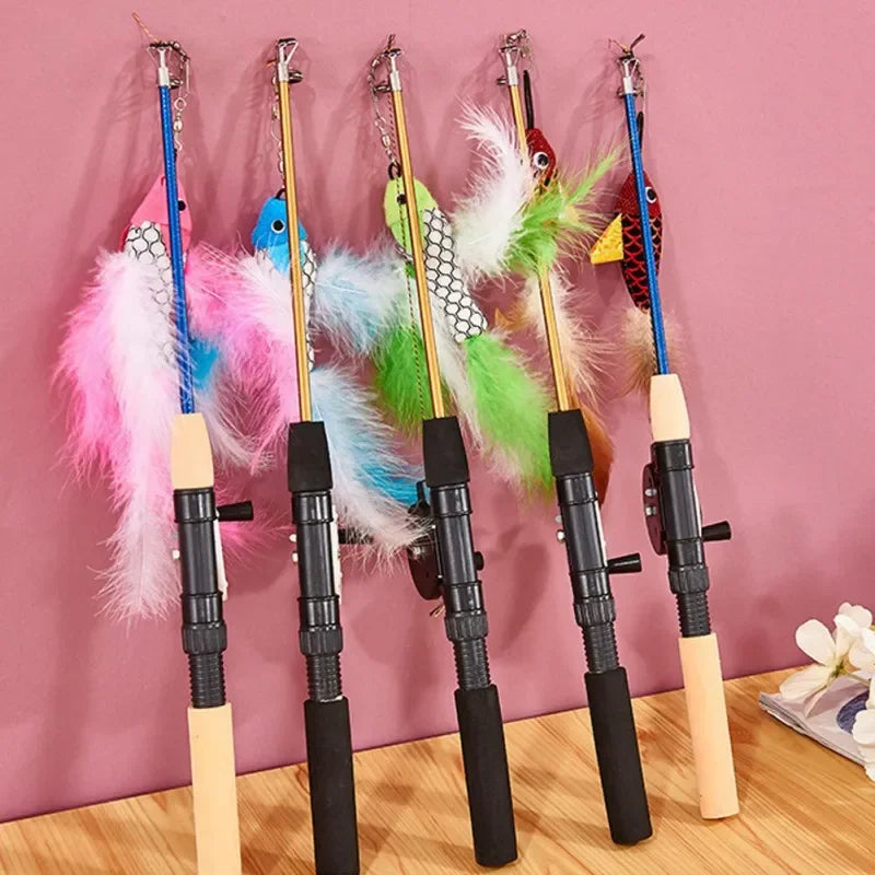 Varas de Gato Brinquedo de Gato Retrátil Tipo Peixe Telescópico Pena Engraçado Varinha de Gato Brinquedos para Animais de Estimação para Gatinho Varinha de Pesca de Simulação