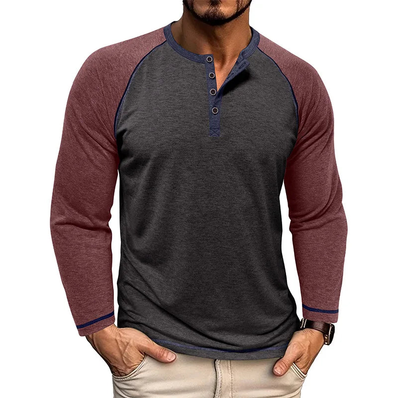 Nova Camiseta Masculina de Manga Raglan com Gola Henry de Manga Longa Outono e Inverno Estilo Europeu e Americano