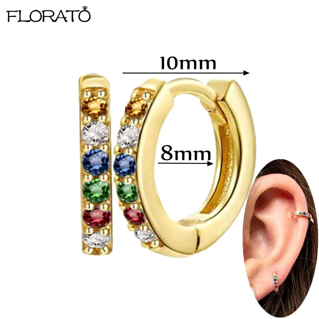Brincos de Argola Pequenos de Prata 925 com Agulha de Cristal de 9mm para Mulheres Brincos Huggie Minimalistas Brincos de Piercing com Zircônia Colorida Joias