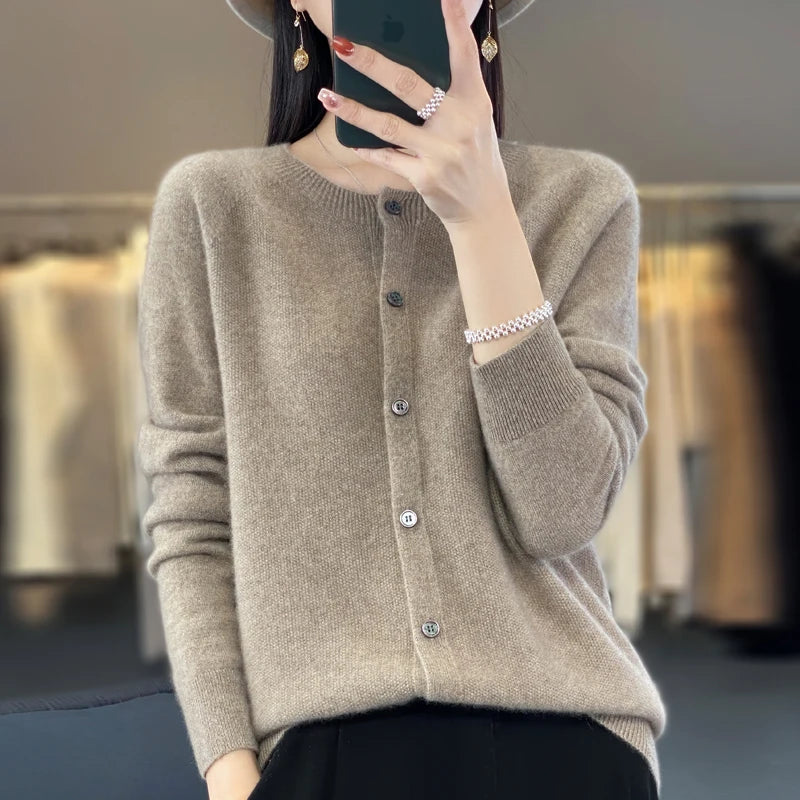 Cardigã Feminino de Lã Merino 100% Cashmere, Suéter para Outono Inverno, Gola Redonda, Manga Longa, Malha Feminina, Roupas Básicas, Blusas - Shumei XXL