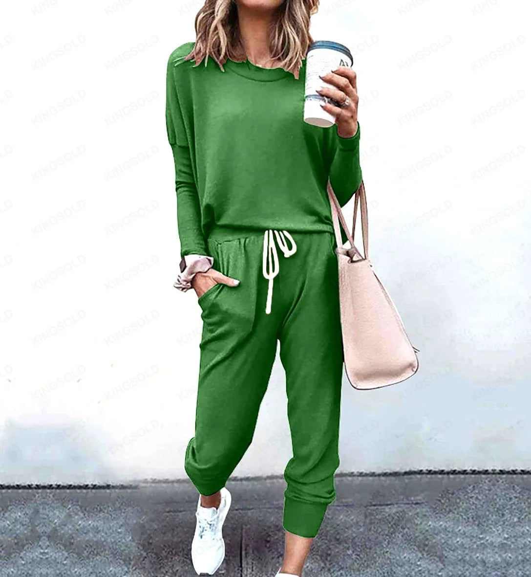 Conjunto Feminino Casual de Duas Peças com Blusa de Manga Comprida e Calça com Cordão para Ficar em Casa