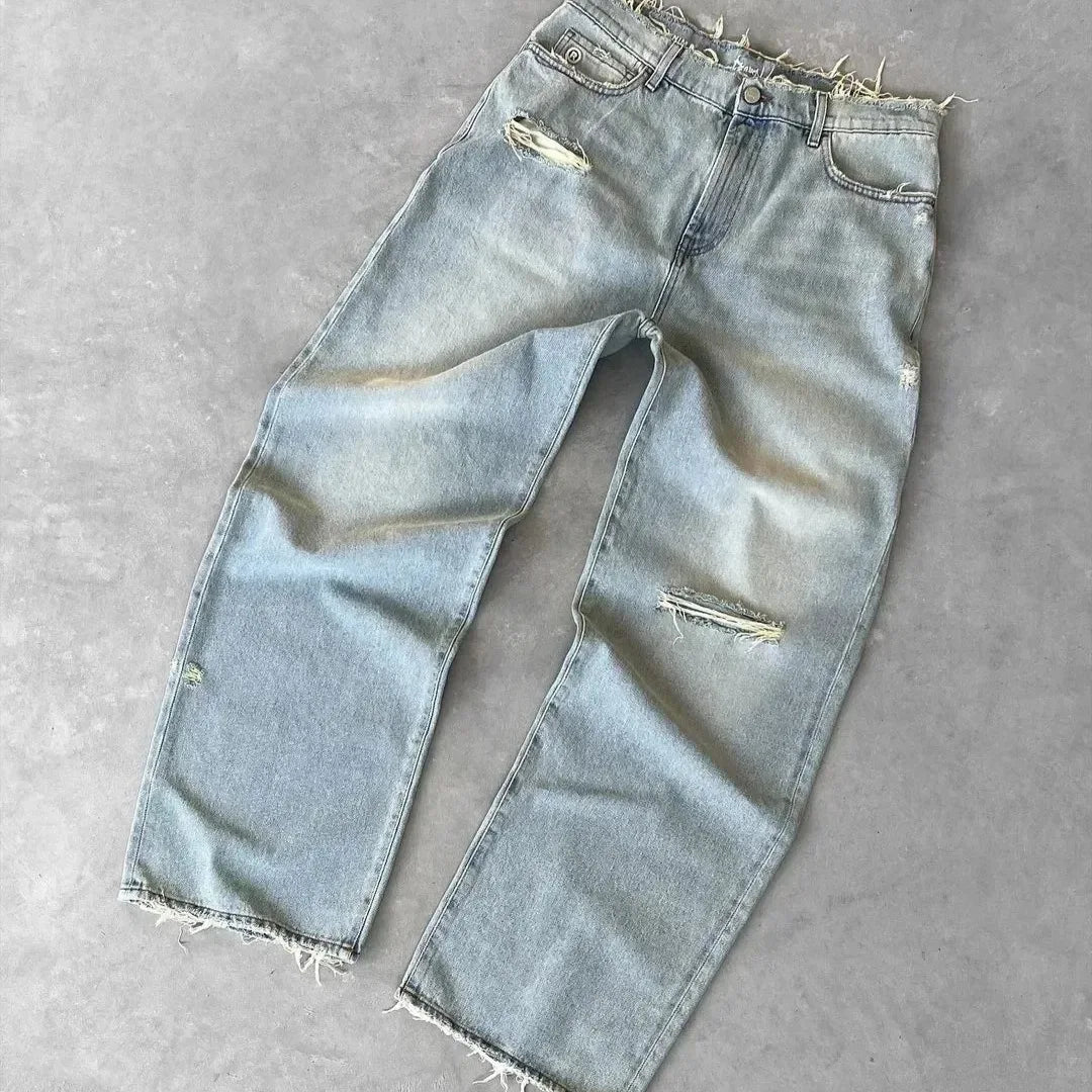 Calça Jeans Reta Masculina Rasgada com Buracos Lavada Comprimento do Tornozelo Solta Lisa Braguilha com Zíper Bolsos Casual 2025