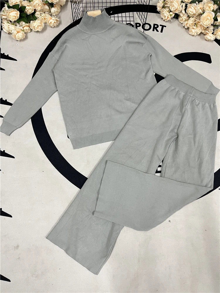 Conjunto Feminino de 2 Peças Outono Inverno, Agasalho de Malha, Suéter Gola Alta e Calça Jogger Reta