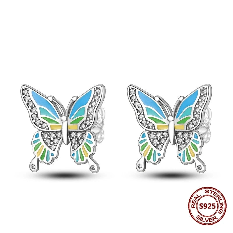Lucky Clover Earrings 925 Silver Original Zircon Butterfly Dragonfly Chameleons Bee Flower Earrings For Women Jewelry Gift