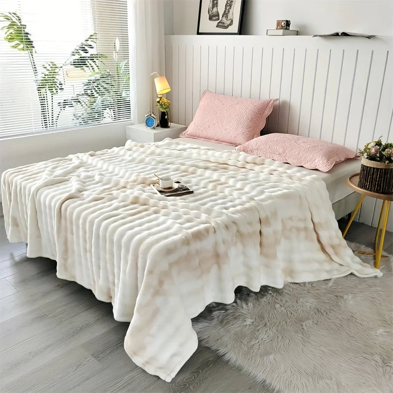 Luxurious Faux Rabbit Fur Bed Blanket - Soft, Thick, and Warm  Throw  All Seasons, Versatile for Sofa, Shawl, Travel, and Gifts