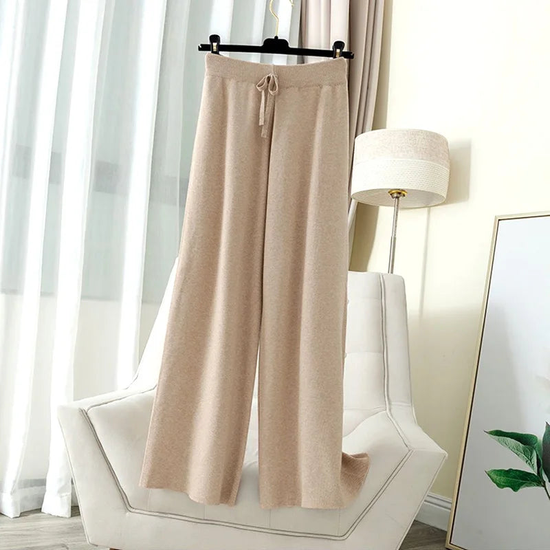 Calça Feminina de Malha Grossa Quente Casual Chique Básica Macia Elástica Cintura Alta Moda Coreana Calça Reta na Altura do Tornozelo Para Mulheres