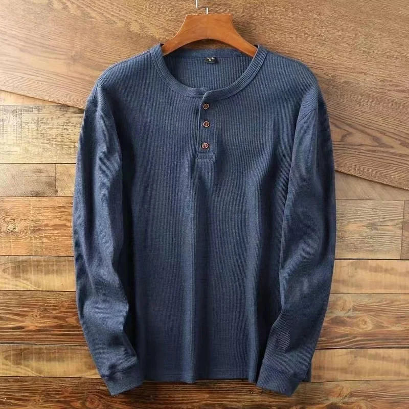 Camiseta Masculina Slim Fit Básica Casual Camisas Henley Waffle Manga Longa Camisas Térmicas Sólidas Meio Botão Respiráveis de Algodão