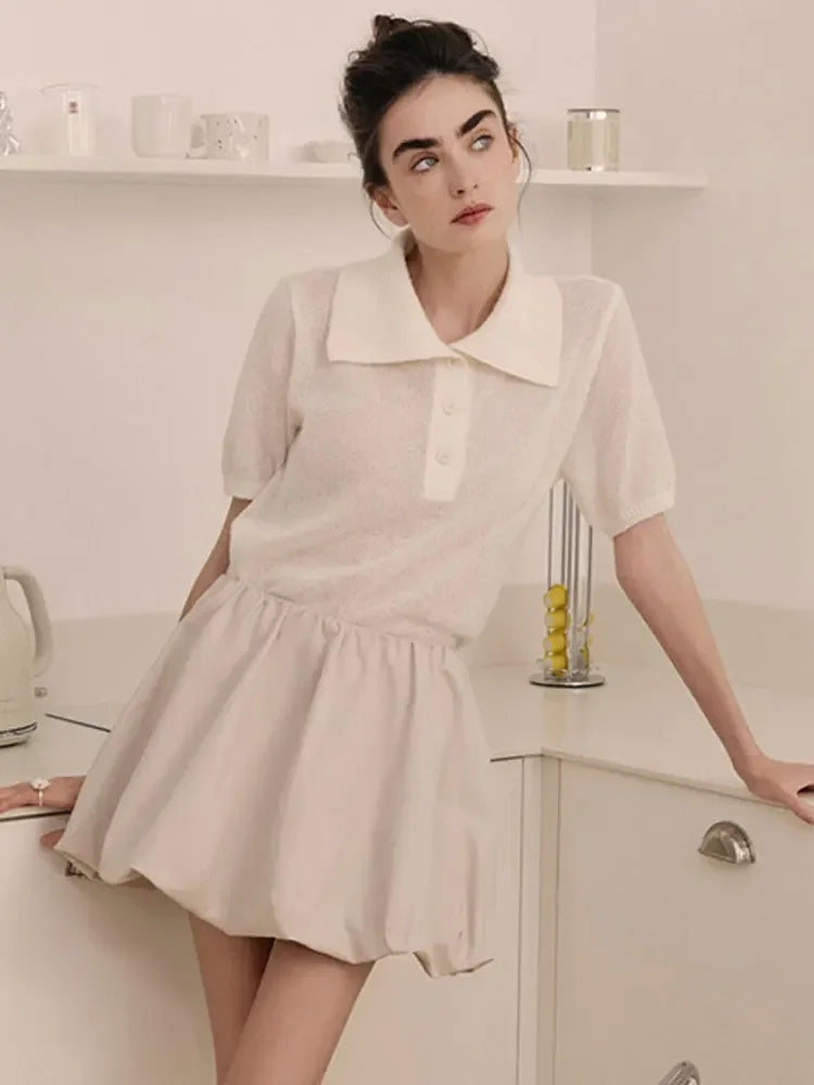 Suéter de malha feminino de manga curta casual com lapela patchwork transparente e vazado para o dia a dia