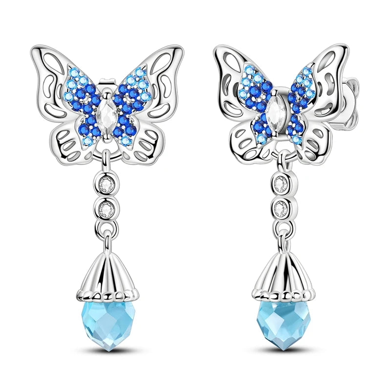 Lucky Clover Earrings 925 Silver Original Zircon Butterfly Dragonfly Chameleons Bee Flower Earrings For Women Jewelry Gift