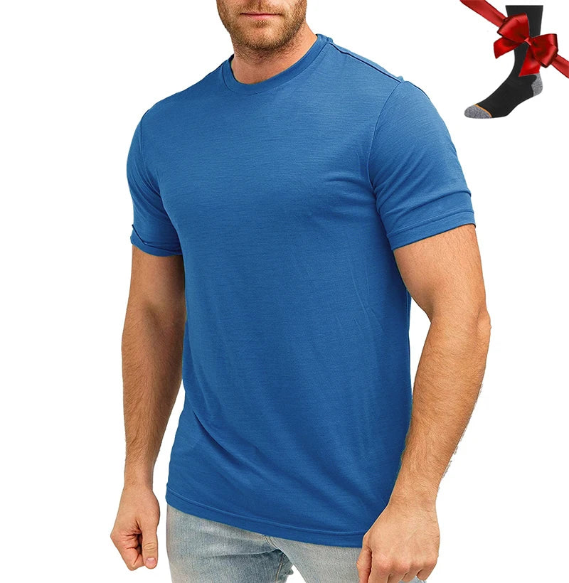 Camiseta Masculina 100% Lã Merino Super Fina Camada Base de Lã Merino que Absorve a Umidade Respirável de Secagem Rápida Antiodor + Meias de Lã Merino