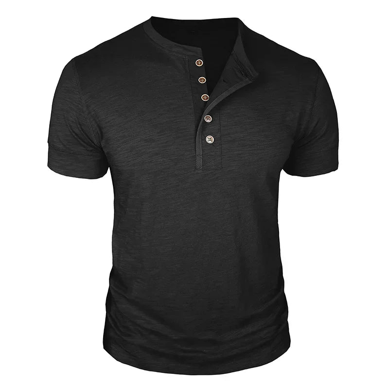 Camisetas masculinas de verão europeias e americanas, camisa Henley de algodão masculina de manga curta, camiseta masculina casual de gola redonda
