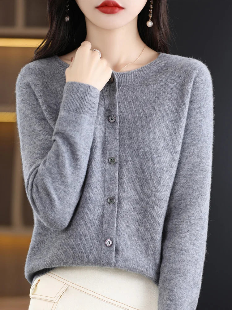 2024 Novo Cardigan Básico Chique Feminino Gola Redonda Suéter de Lã Merino Macio Roupa de Malha Elegante Casaco Primavera Outono Roupas Femininas Tops - Vermelho Shumei XXL