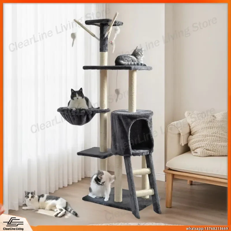 Large Multi-Tier Cat Tree with Cozy Beds Cat House Sisal Wrapped Scratching Post and Teaser Wand for Indoor Cats Small Medium