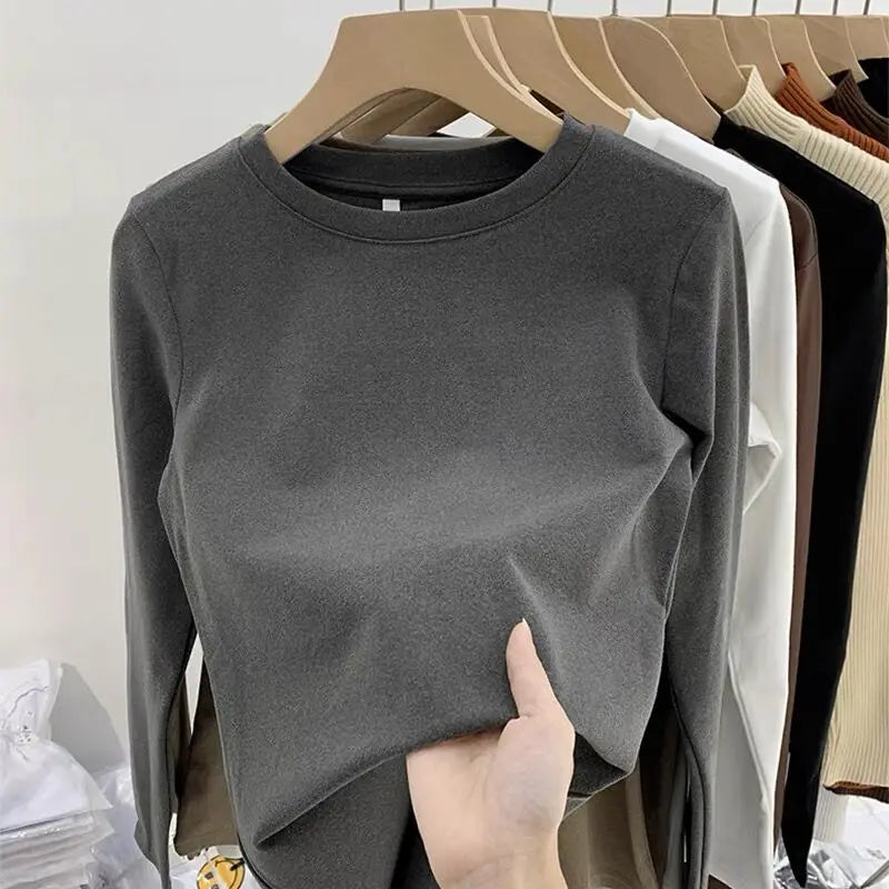 Camiseta Gola Redonda Feminina Outono Inverno 2026 Novo Estilo Cor Pura Ajuste Slim Interior Em Fleece Grosso Manga Longa - S 501 temperamento cinza escuro